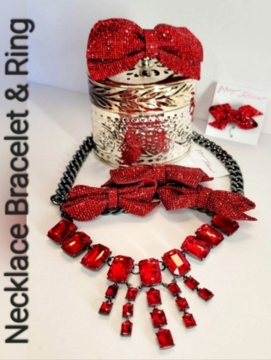 Betsey Johnson Jewelry - ❤️Betsey Johnson Red Sparkle Bow Holiday 3 Piece Set Necklace Bracelet & Ring